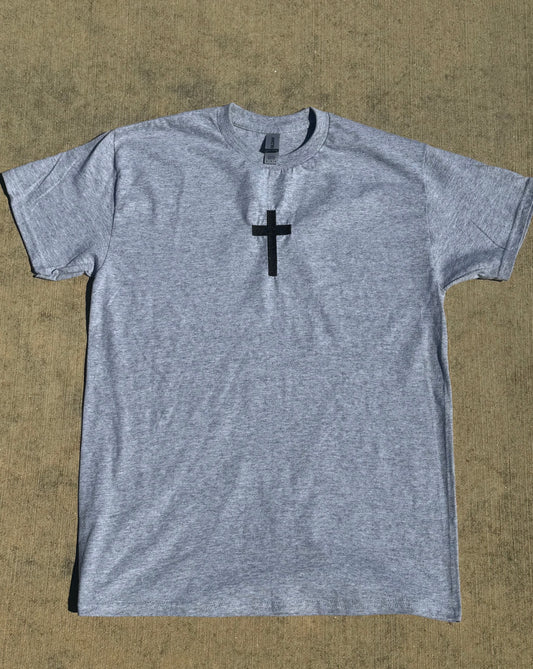 Cross  Embroidered Grey T-Shirt