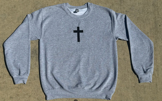 Cross Embroidered Grey Crewneck Sweater
